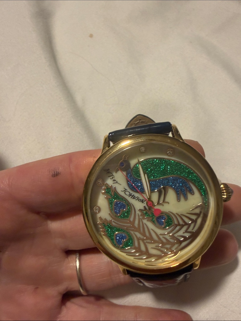 Betsey Johnson Gold-Tone Watch with Green & Blue Peacock Accents